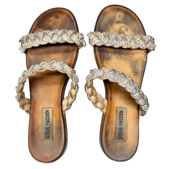 Steve Madden Shoes Womens 7 Braided Sparkly Glittery Sandals Flats Jeweled - Picture 1 of 11